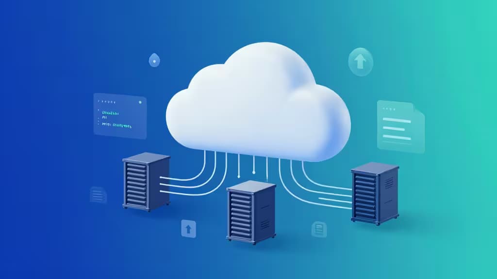 Illustration abstraite d'une infrastructure de stockage cloud avec flux de données et icônes de fichiers sur fond dégradé bleu et turquoise
