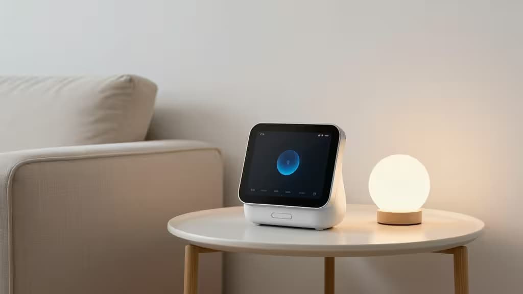 Smart Display und Lampe auf Holztisch, zeigt Matter/Thread-Kompatibilität mit Google Home.
