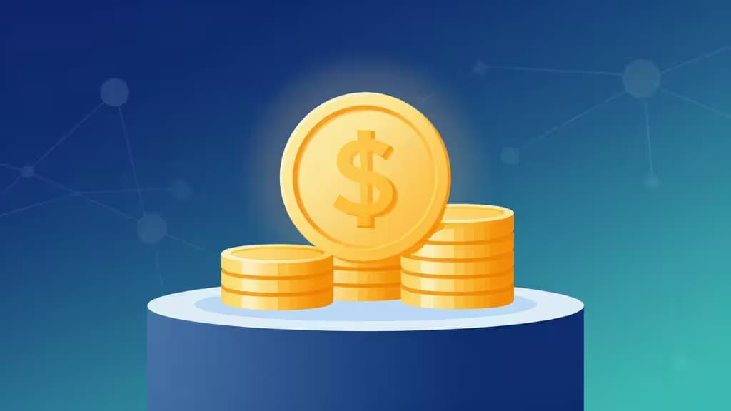 Monete d'oro impilate su un piedistallo minimalista con nodi di rete collegati sullo sfondo, rappresentazione astratta dello staking di criptovalute