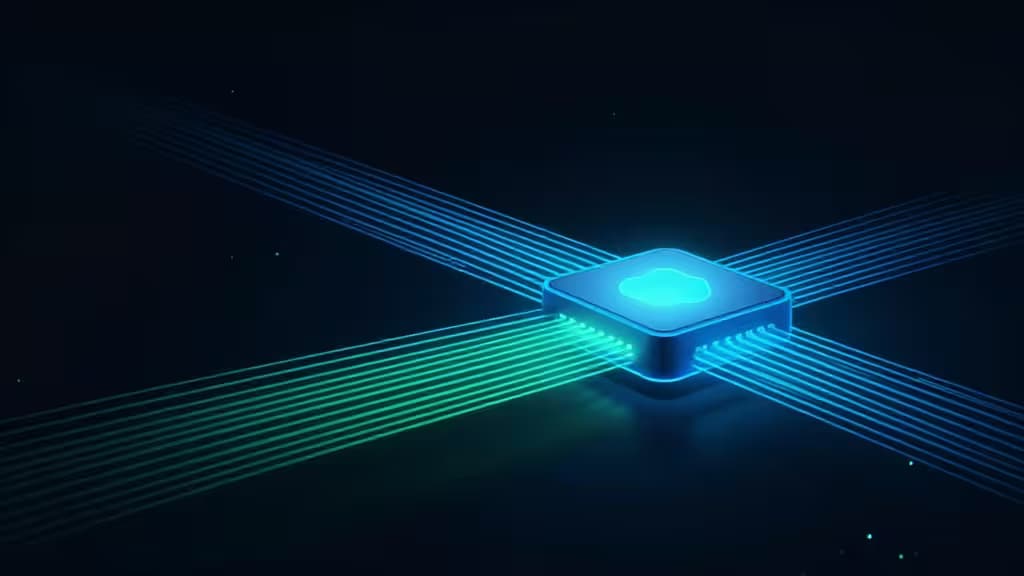 Abstract illustratie van een gloeiend netwerk met lage latentie voor cloud gaming, met neon-blauwe en groene datastromen door een serverknooppunt.