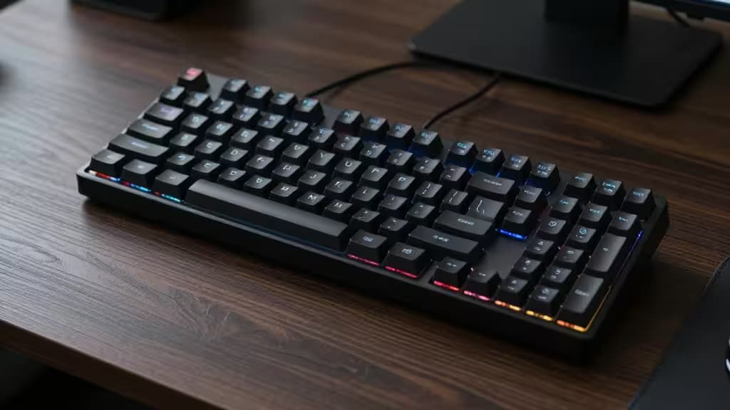 Low-profile mechanical gaming keyboard with RGB backlighting on dark wood desk.