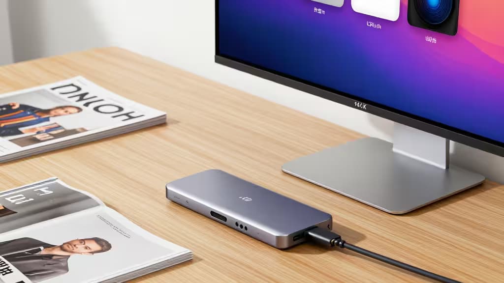 iPad Pro podłączony do huba USB-C na drewnianym biurku obok monitora 4K — minimalistyczna konfiguracja stacji roboczej