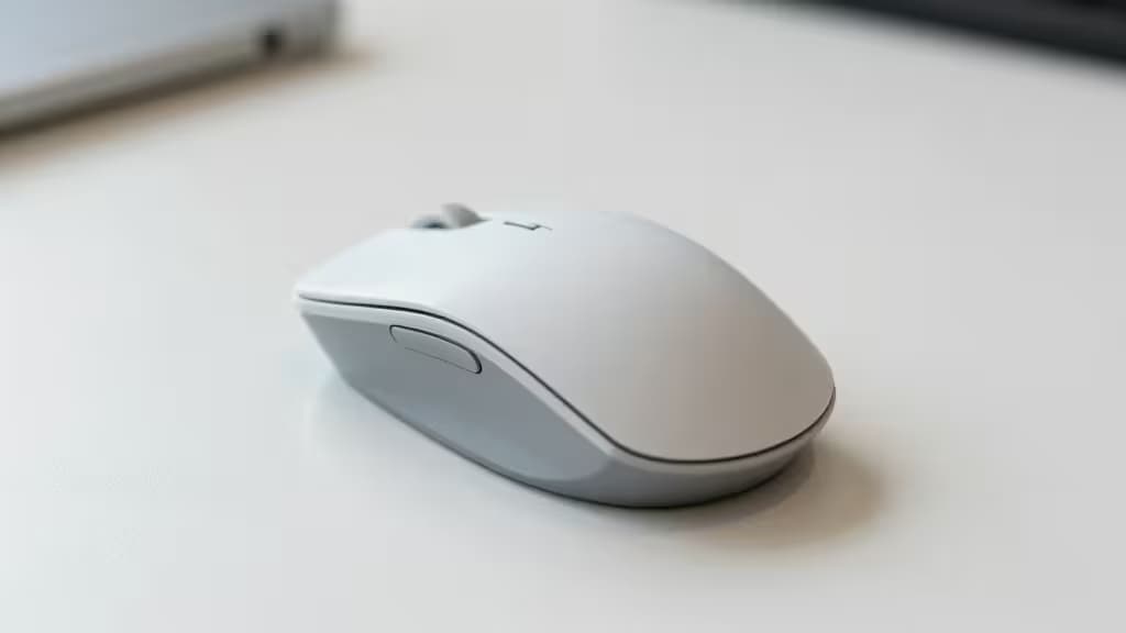 Kompaktowa ergonomiczna mysz pionowa na minimalistycznym biurku, zaprojektowana dla małych dłoni