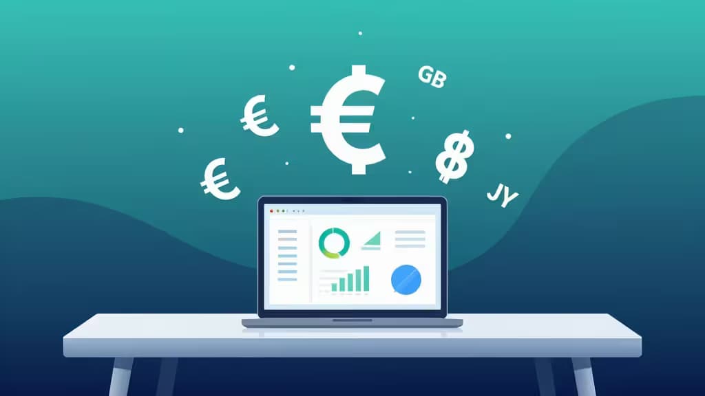 Laptop displaying e-commerce dashboard with floating currency symbols above, set against teal gradient background.