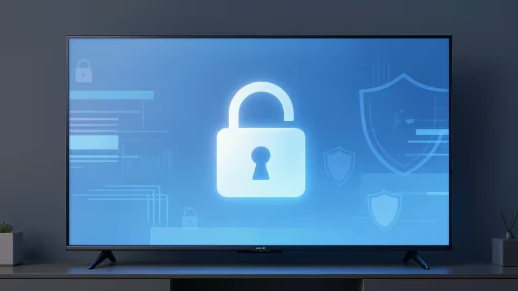 Ilustração abstrata de uma sala de estar com uma Smart TV acesa e elementos de segurança digital em tons azuis.