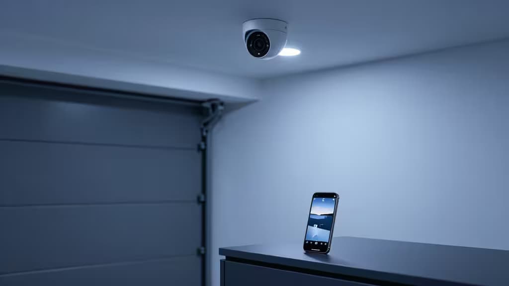A white dome camera mounted on the ceiling illuminates a smartphone displaying a live feed on a dark cabinet near a closed garage door.