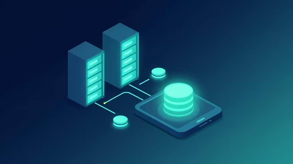 Glowing server racks connect via glowing lines to a smartphone displaying a glowing database icon, illustrating backend services for mobile apps.