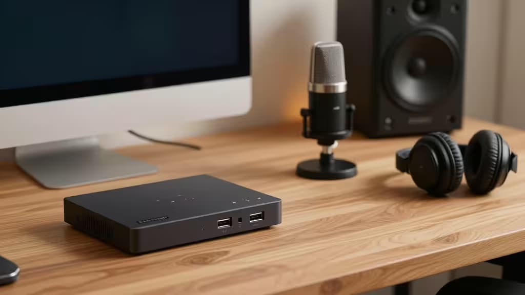 Kompaktowy czarny interfejs audio USB na drewnianym biurku obok mikrofonu i słuchawek.