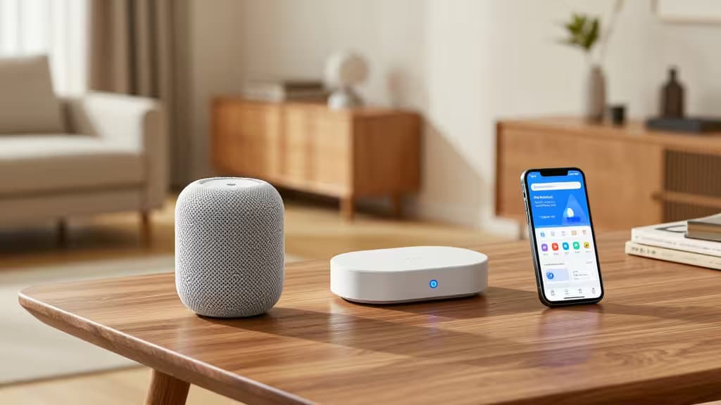 A HomePod mini and Aqara hub rest on a wooden table beside an iPhone displaying Apple HomeKit controls.