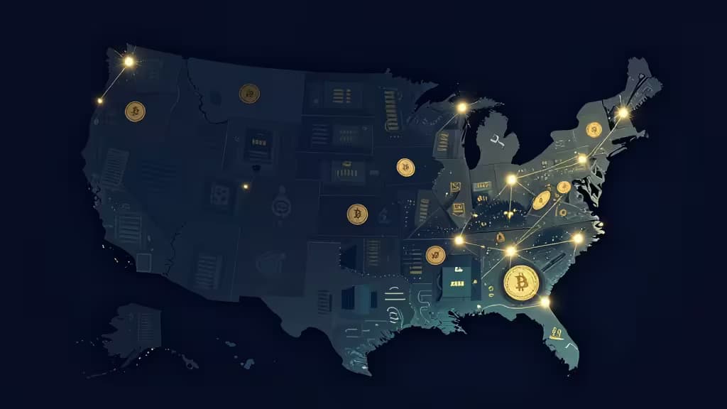 Złote monety Bitcoin i świecące linie sieci nałożone na ciemnoniebieską mapę USA, symbolizujące ogólnokrajową łączność giełd krypto.