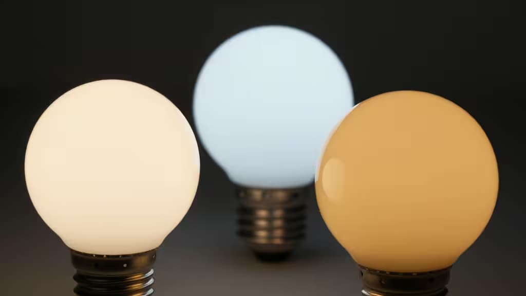 Trois ampoules connectées qui brillent en lumière chaude, froide et neutre sur fond sombre.