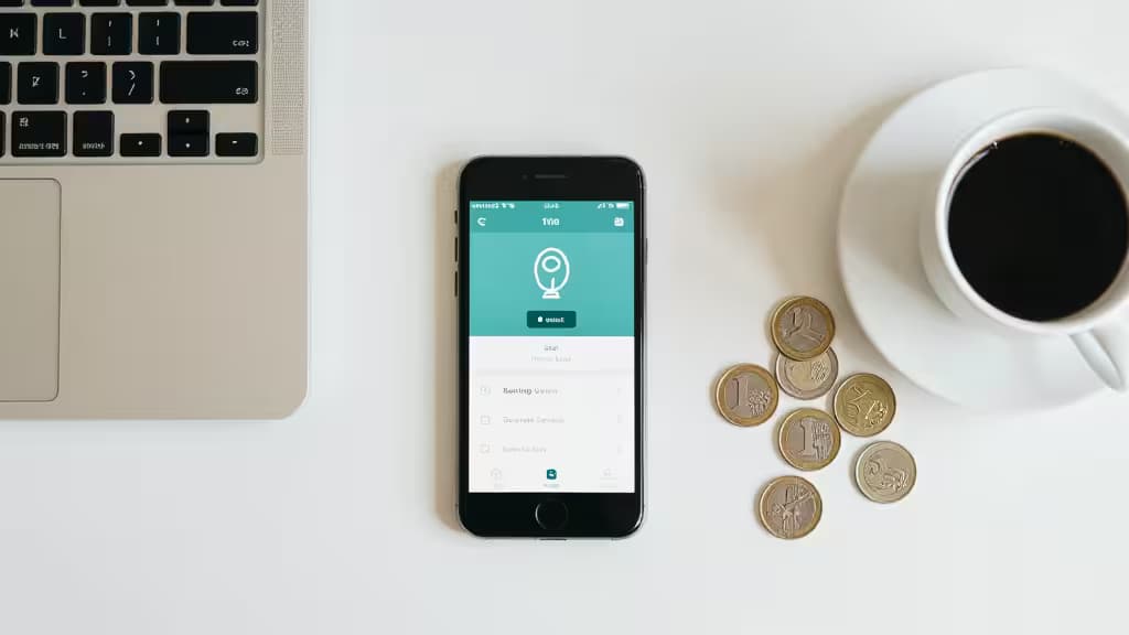 Smartphone displaying neobank app sits between laptop, coffee cup, and scattered international coins on white desk.