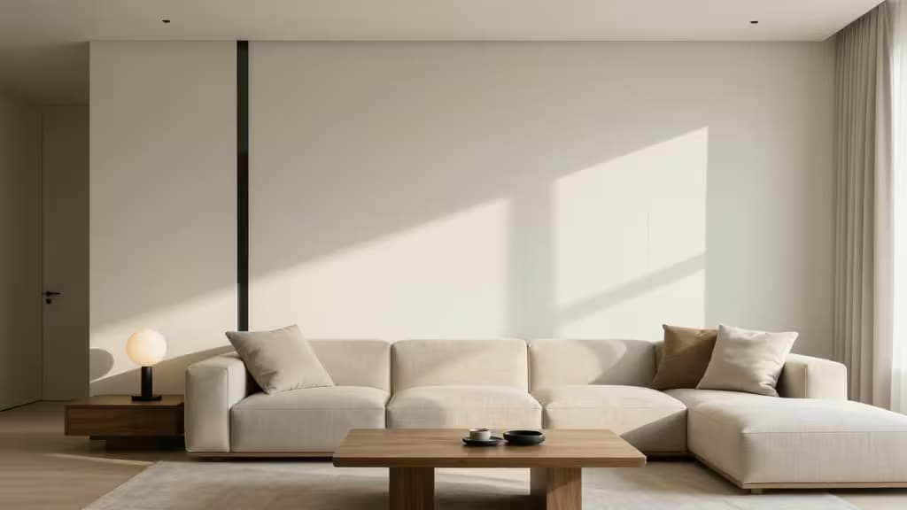 Minimalist living room with smart blinds casting geometric light patterns on beige walls.