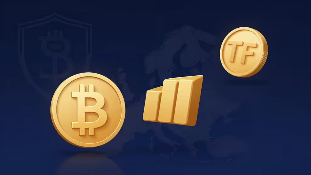 Golden Bitcoin coin, ETF token, and gold bars float above a dark blue map of Europe, symbolizing regulated crypto ETF investments.