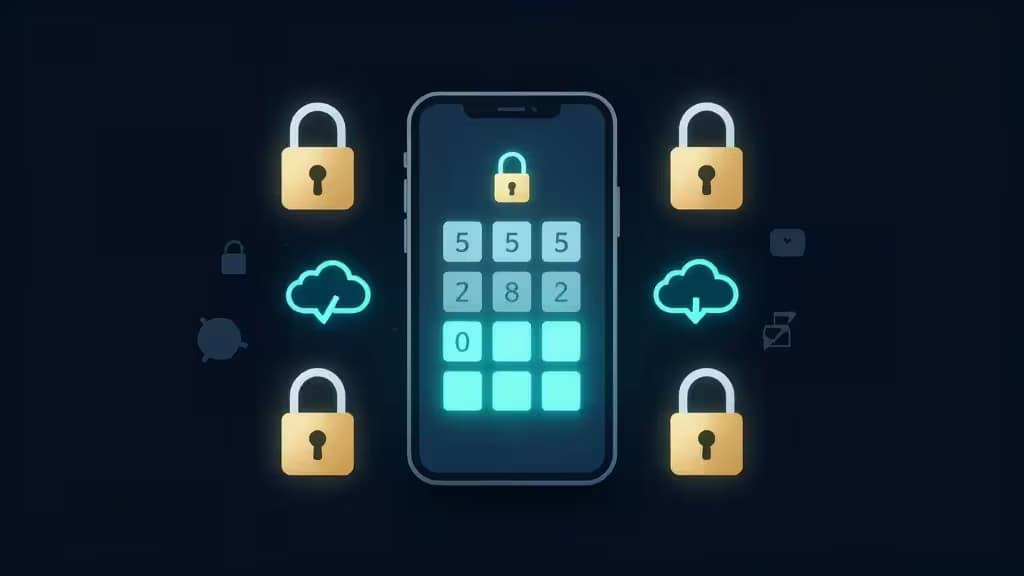 A smartphone displaying a six-digit authentication code surrounded by glowing padlock icons and cloud sync symbols on a dark navy background.