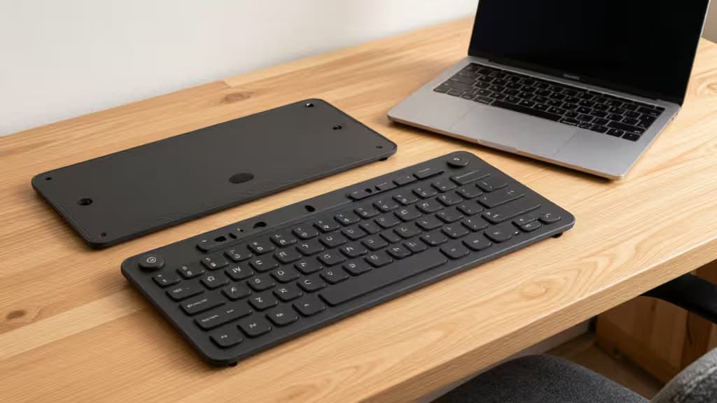 Drie ergonomische mechanische toetsenborden plat op een houten bureau naast een laptop, met warme kantoorverlichting en een strakke productfotografie-stijl.