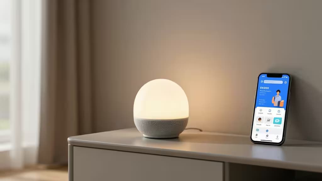 A modern minimalist living room with a spherical smart speaker on a side table, soft ambient lighting, and warm natural light from a nearby window.