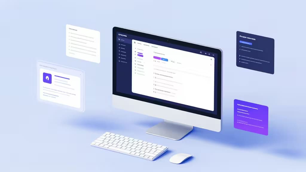 Een moderne designwerkplek met Figma op een groot scherm, omringd door zwevende AI-gegenereerde UI-elementen, wireframes en code in een futuristische stijl met blauwe en paarse verlichting.