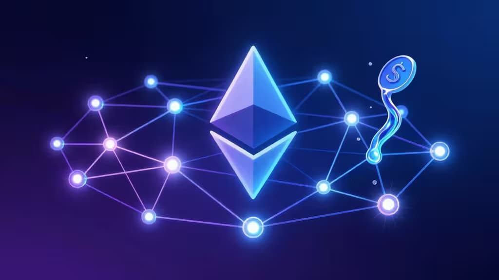 Illustration abstraite d'un réseau de nœuds interconnectés symbolisant le restaking Ethereum, avec des faisceaux lumineux reliant des validateurs sur un fond bleu et violet.