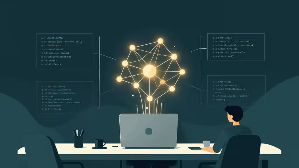 Programista siedzi przy biurku, patrząc na świecący hologram sieci neuronowej unoszący się nad laptopem, otoczony pływającymi blokami kodu.