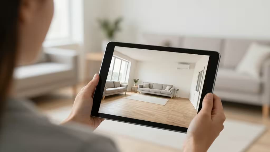 A real estate agent holds a tablet displaying an AI-generated living room listing.