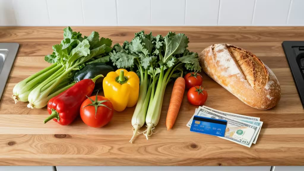 Fresh vegetables, bread, and a credit card with cash rest on a wooden kitchen counter.