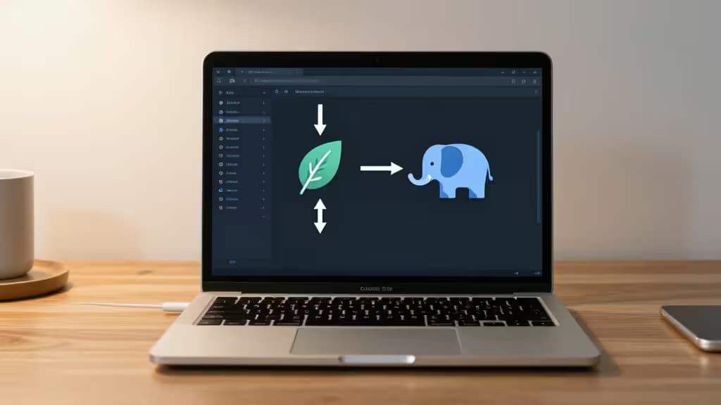 Laptopscherm toont MongoDB-naar-PostgreSQL migratiediagram met blad- en olifanticonen, geprijsd onder €50.
