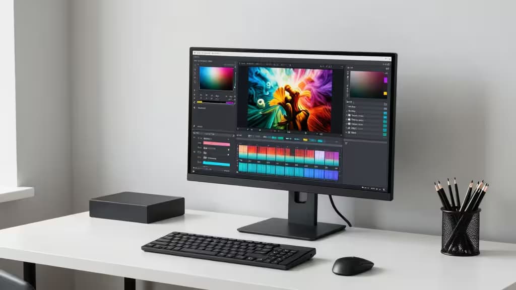 A sleek black monitor displays vibrant photo editing software on a minimalist white desk setup.