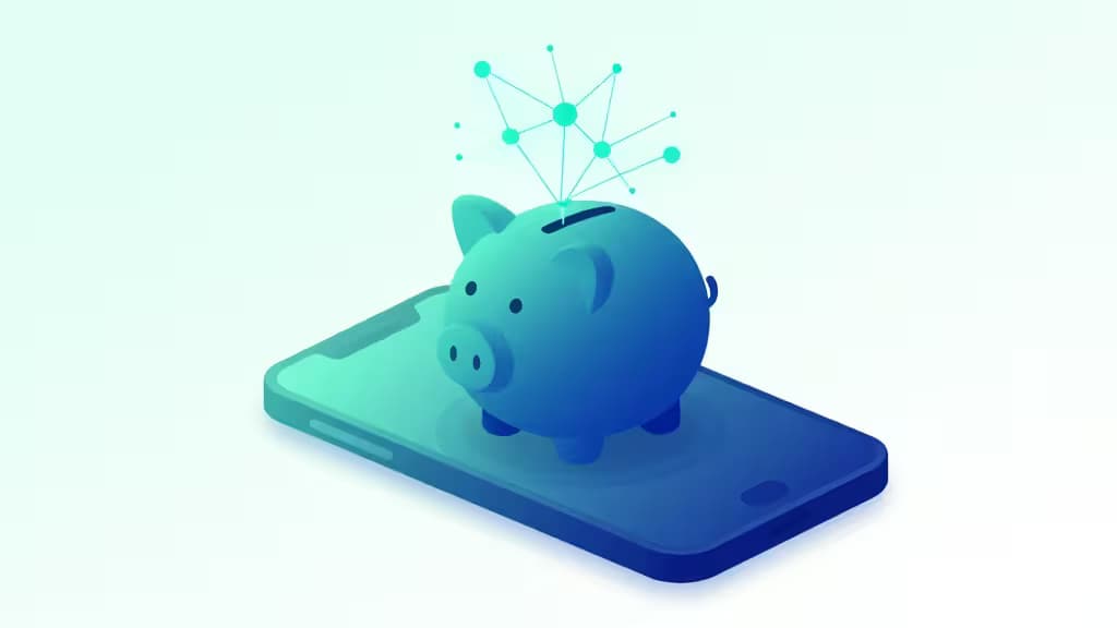 Een blauw spaarvarken staat op een smartphone, met gloeiende turkooisblauwe neurale-netwerklijnen die verbinding maken met de muntsleuf.