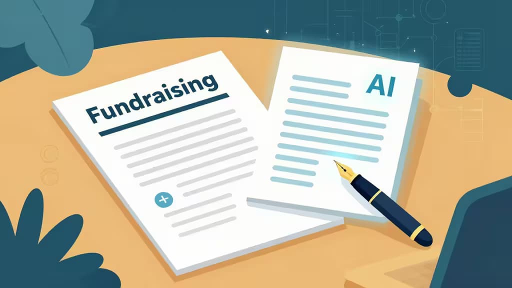 Abstrakcyjna ilustracja biurka fundraiser'a z dokumentami grantowymi, świecącym dokumentem AI, piórem i elementami wizualizacji danych w ciepłej, profesjonalnej palecie barw