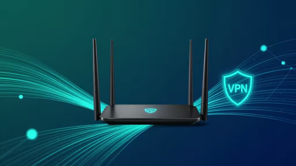 Router preto com quatro antenas emite fluxos de dados cintilantes em ciano direcionados a um escudo translúcido com símbolo de VPN sobre um fundo de gradiente azul profundo.