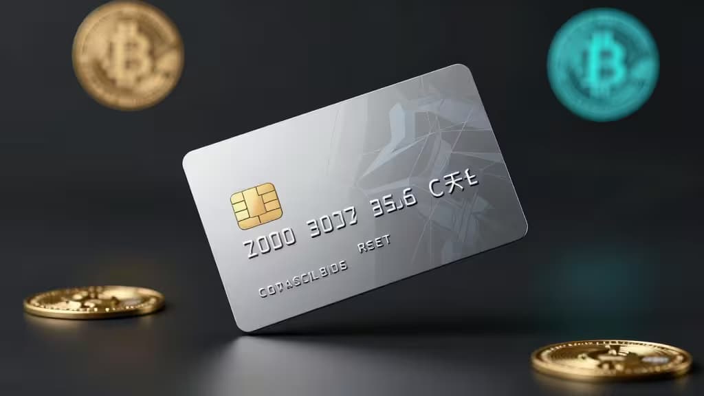 A sleek metallic crypto credit card floating above a dark surface with glowing cryptocurrency symbols in the background