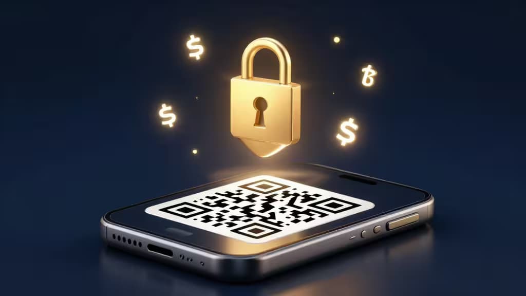 Golden padlock hovers above smartphone displaying QR code, symbolizing secure crypto wallet transactions with air-gapped technology.