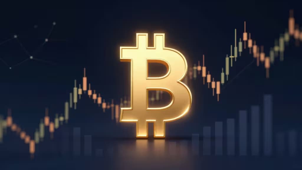 Ein leuchtendes goldenes Bitcoin-Symbol erhebt sich vor einem steigenden Kerzendiagramm und symbolisiert das Wachstum von Krypto-ETFs und die Performance von Handelsplattformen im Jahr 2026.