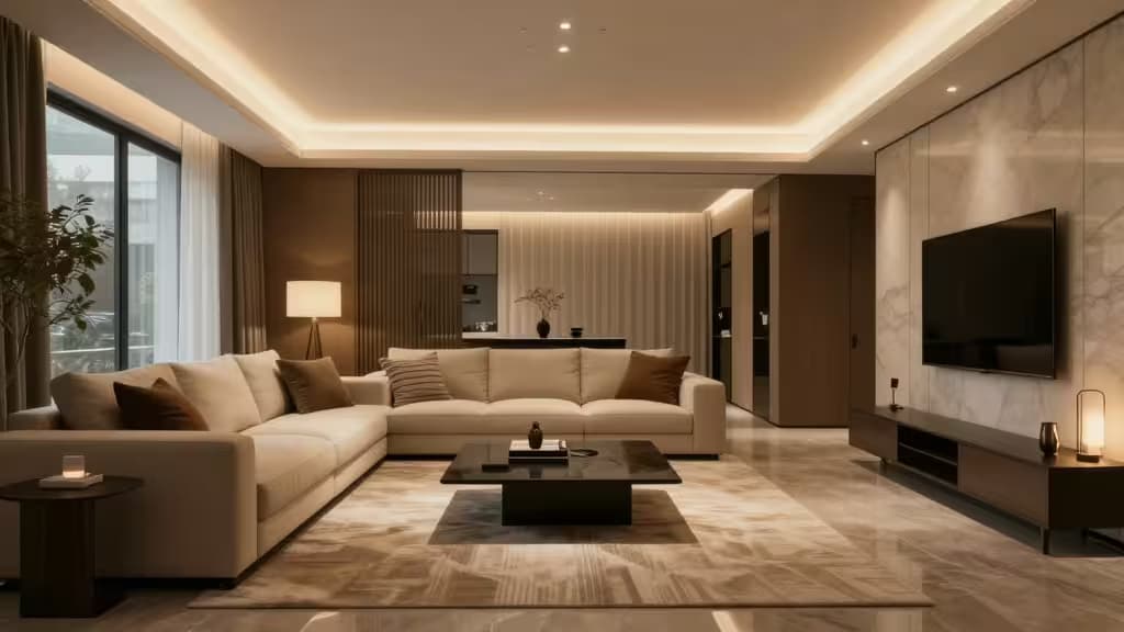 Intérieur immobilier moderne avec mobilier généré par IA et éclairage cinématographique chaleureux