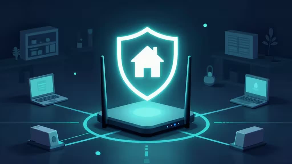 Illustration of a modern home with a glowing security shield radiating from a central router, network lines connecting devices throughout the house in a dark blue and teal color scheme.