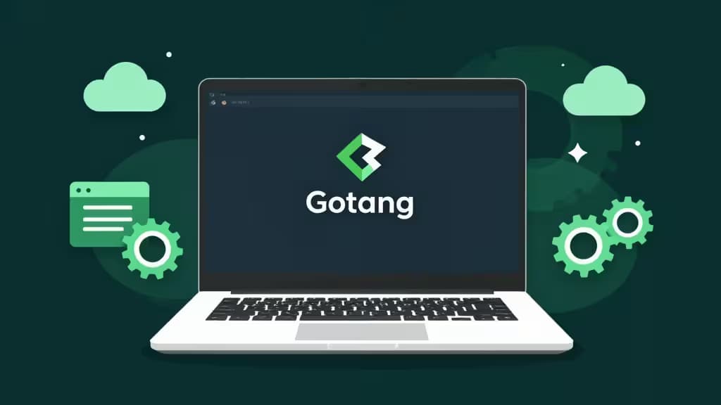 Laptop displays Go logo, surrounded by cloud and gear icons, symbolizing Golang development.