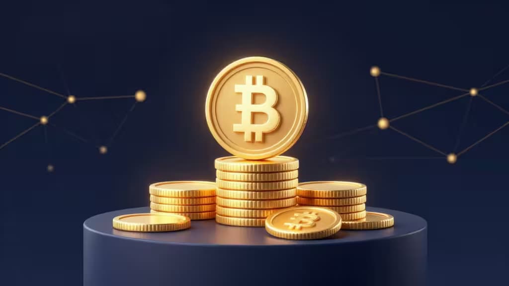 Pilha de moedas de ouro brilhantes sobre um pedestal azul contra um fundo escuro com rede de nós de blockchain.