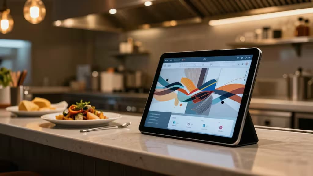 Tablette affichant une interface IA sur un comptoir de cuisine, à côté d'une salade colorée et de fromages, évoquant gestion et marketing pour restaurateurs.