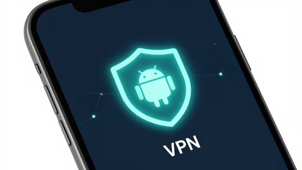 A smartphone displays a glowing cyan shield with Android robot icon and "VPN" text on dark screen.