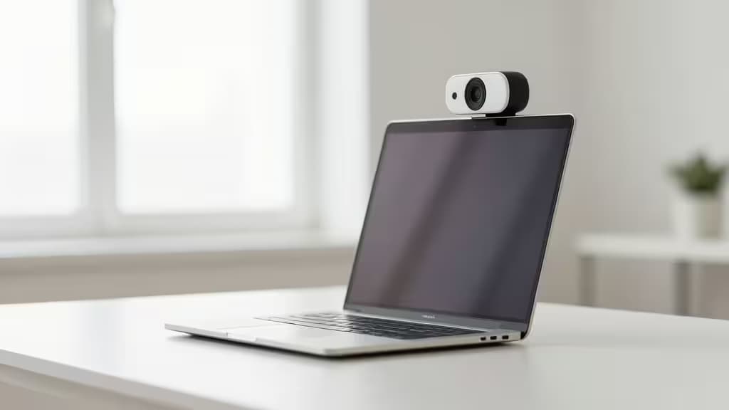 A sleek webcam mounted on a laptop screen in a clean, modern home office with soft natural light