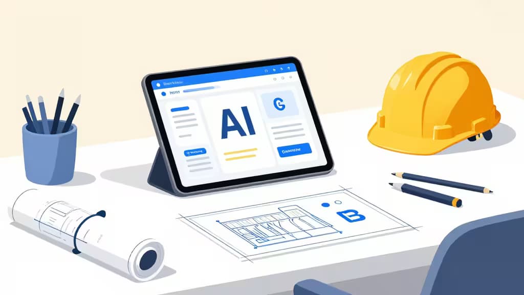 Une tablette affichant « AI » posée sur un bureau blanc à côté de plans, d'un casque jaune et de crayons, illustrant les outils IA pour entrepreneurs.