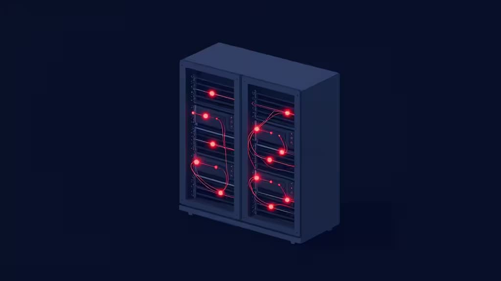 Ilustração abstrata de infraestrutura de servidores com nós de dados vermelhos brilhantes conectados por trilhas de luz sobre fundo azul-marinho.