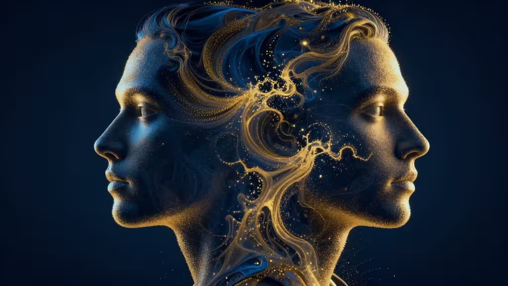 Abstract digital composition of two overlapping human face profiles dissolving into flowing pixel particles in blue and gold, representing AI face swap technology