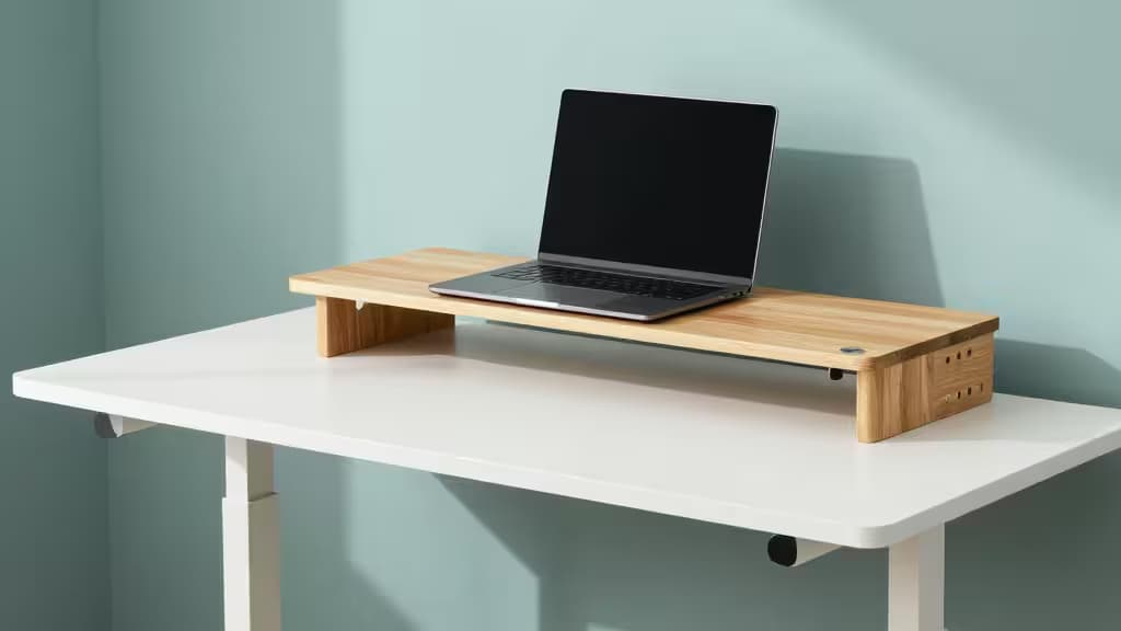 A minimalist standing desk converter with a laptop on a clean white office desk, soft natural lighting, modern workspace aesthetic.
