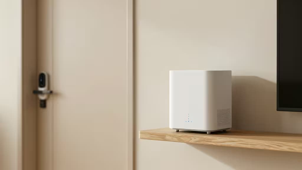 Hub Aqara M1S blanc posé sur une étagère en bois à côté d'une porte équipée d'une serrure connectée.