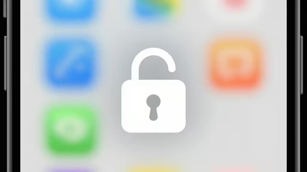 White padlock icon centered on blurred iOS app grid, symbolizing secure password management.