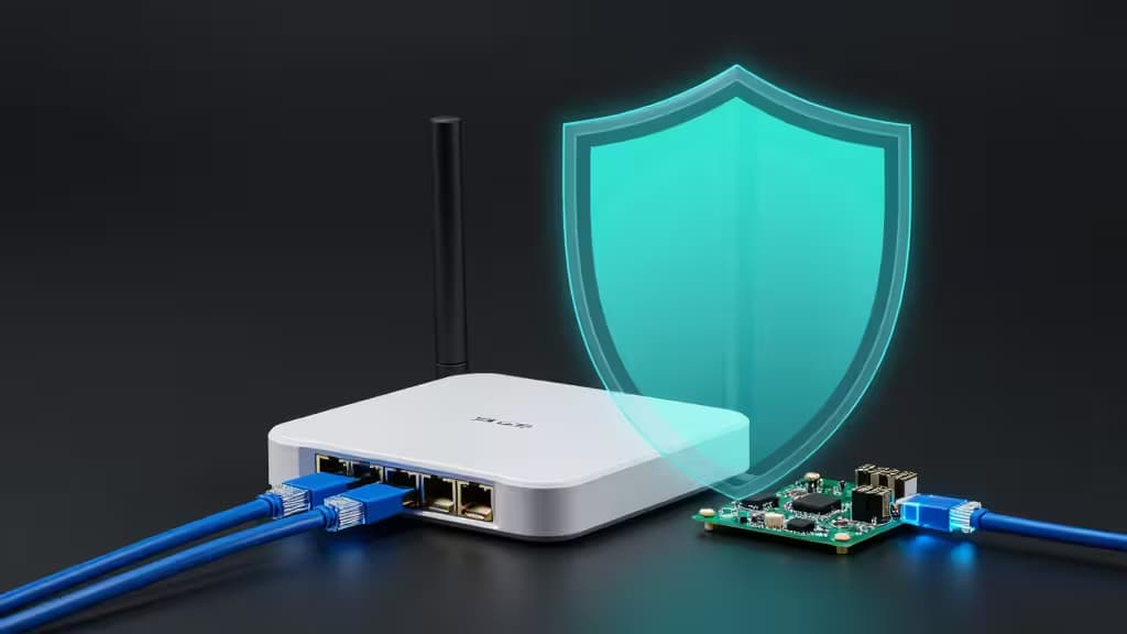 A white router and green Raspberry Pi connect via glowing blue cables beneath a translucent teal security shield.