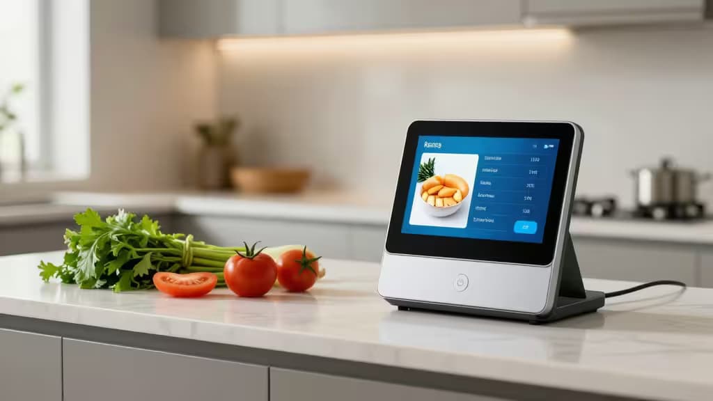 Smart display on marble counter shows recipe, surrounded by fresh tomatoes and celery.