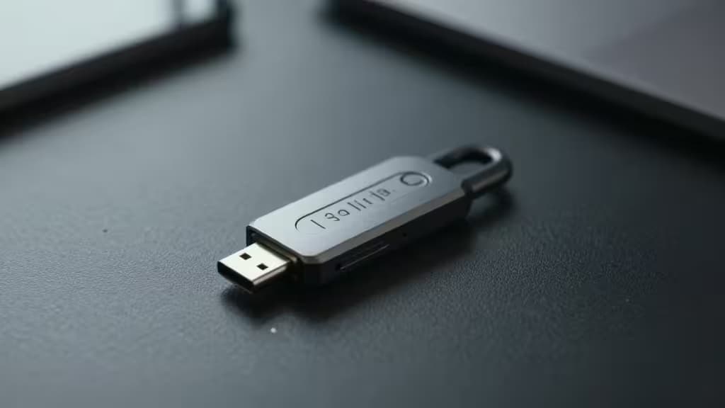 Una chiave di sicurezza FIDO2 in metallo appoggiata su una superficie scura, con connettore USB e anello portachiavi visibili, simbolo dell'autenticazione hardware moderna.